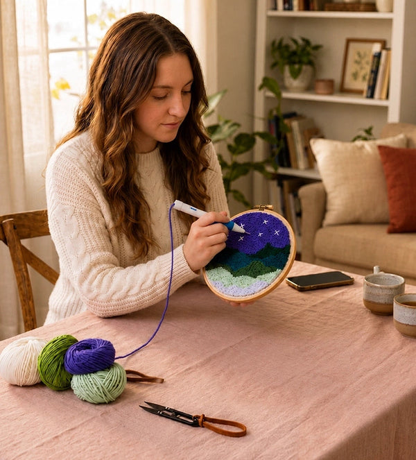 Woman working on punch needle embroidery project at a table with yarn and a phone nearby.