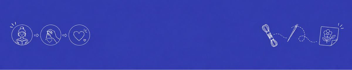 A wide blue banner with thin white line icons and small text along the bottom, including a heart, a flower, and a small heart with a star.