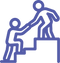 A simple line-art icon showing two abstract human figures helping each other climb stairs, rendered in a blue-purple outline on a white background.