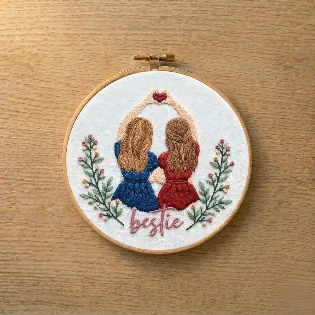 Embroidery hoop with two embroidered figures and the word 'bestie' on a wooden surface