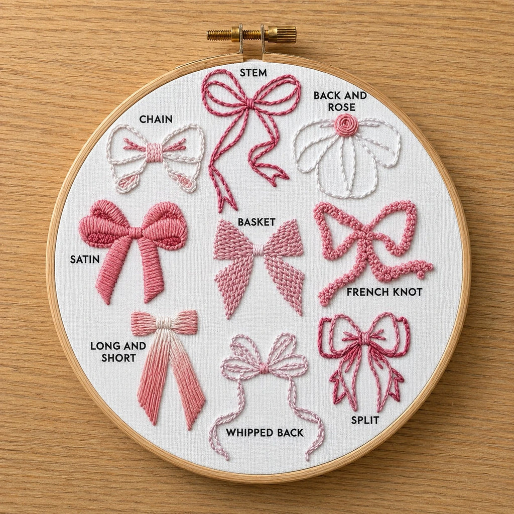 Embroidery hoop with embroidered bows on a wooden surface