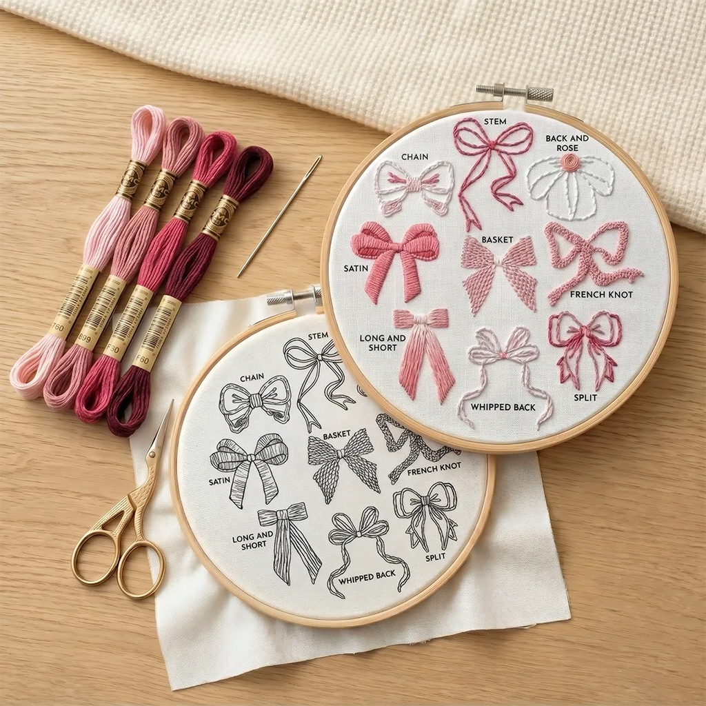 Embroidery hoops with pink bows and embroidery threads on a wooden surface