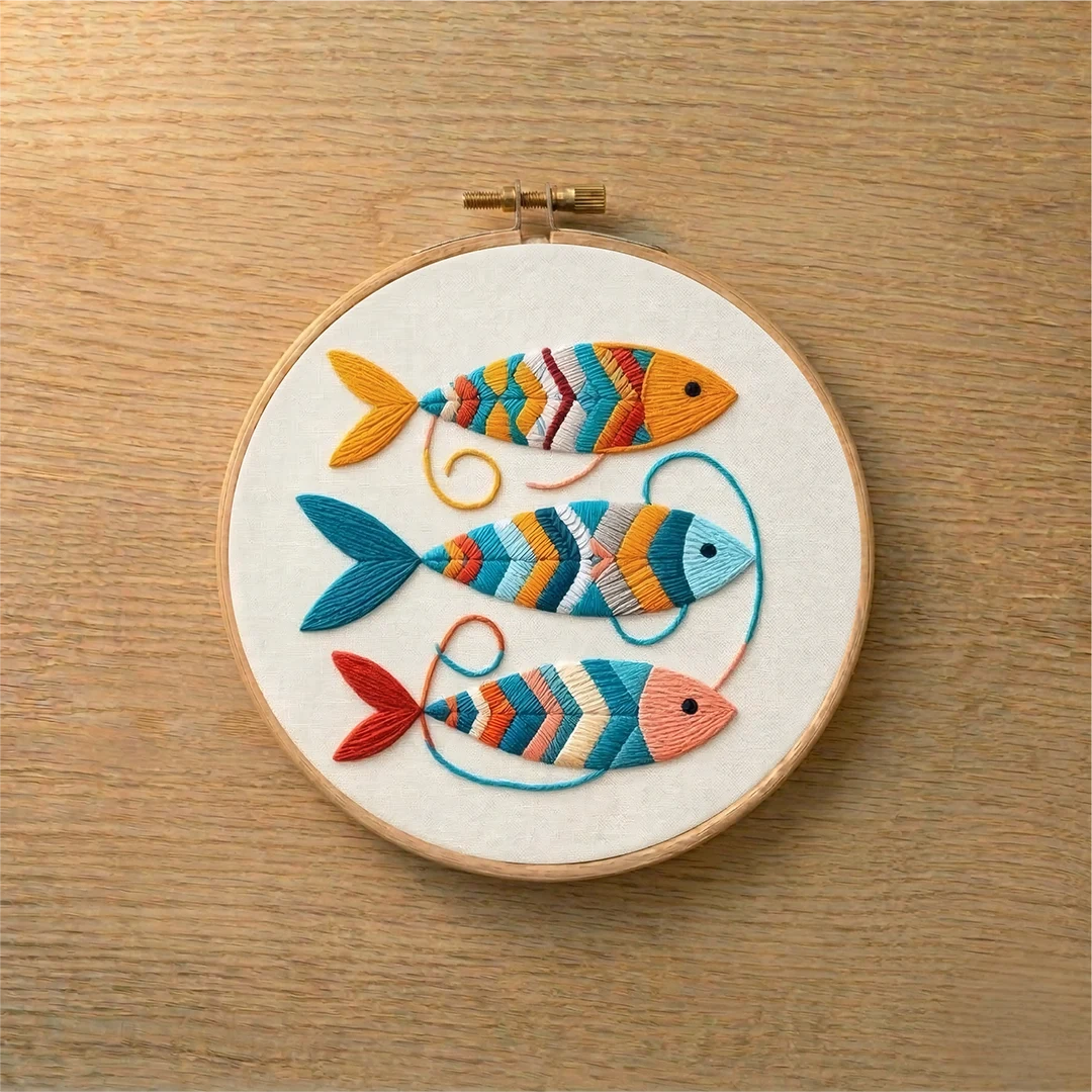 Embroidery hoop with colorful fish design on a wooden surface
