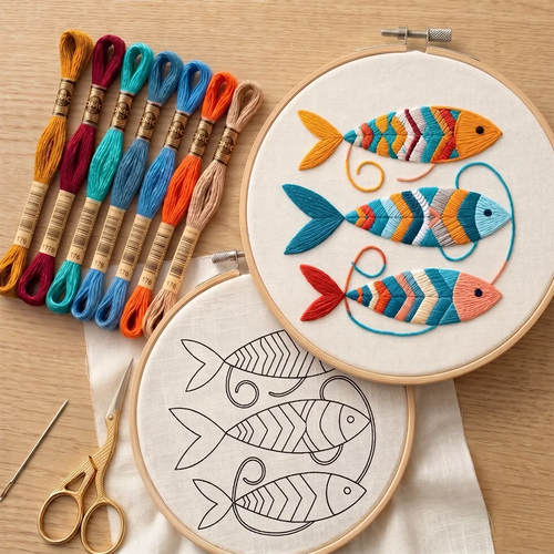 Embroidery hoop with colorful fish design, embroidery threads, scissors, and pattern on a wooden surface.