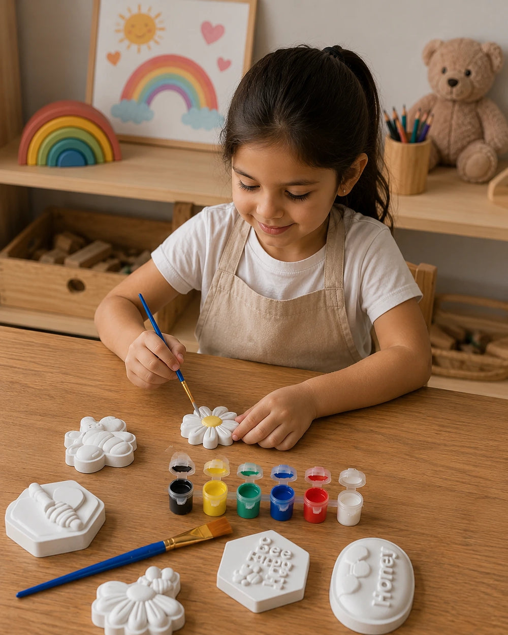 A young girl with dark hair in a ponytail sits at a wooden table, smiling as she paints a white daisy concrete shape with a blue paintbrush. In front of her are various white concrete craft molds and small paint strips in multiple colors.