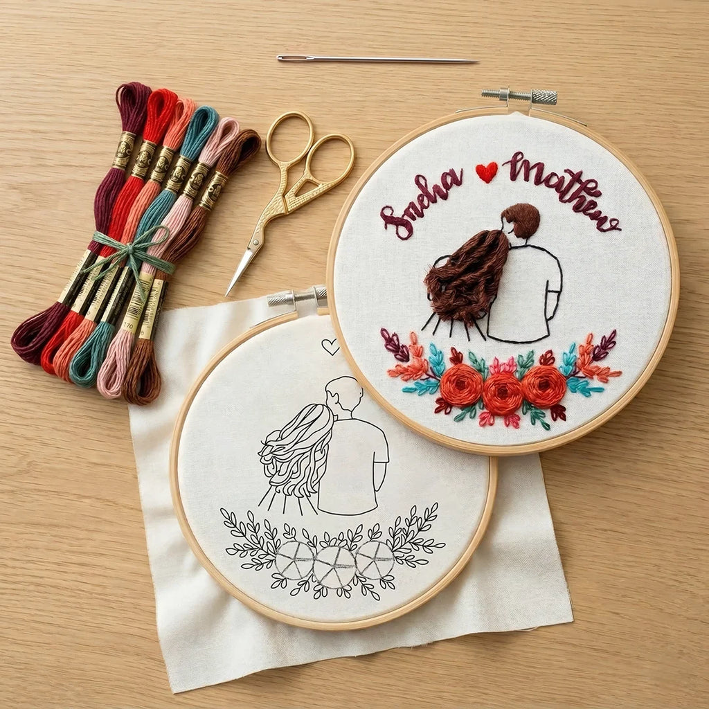Embroidery hoops with designs and embroidery threads on a wooden surface