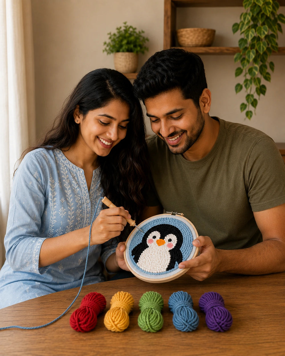 A couple smiling while punch needling a penguin design in a wooden hoop, with five balls of yarn in red, yellow, green, blue, and purple arranged on the table in front of them.