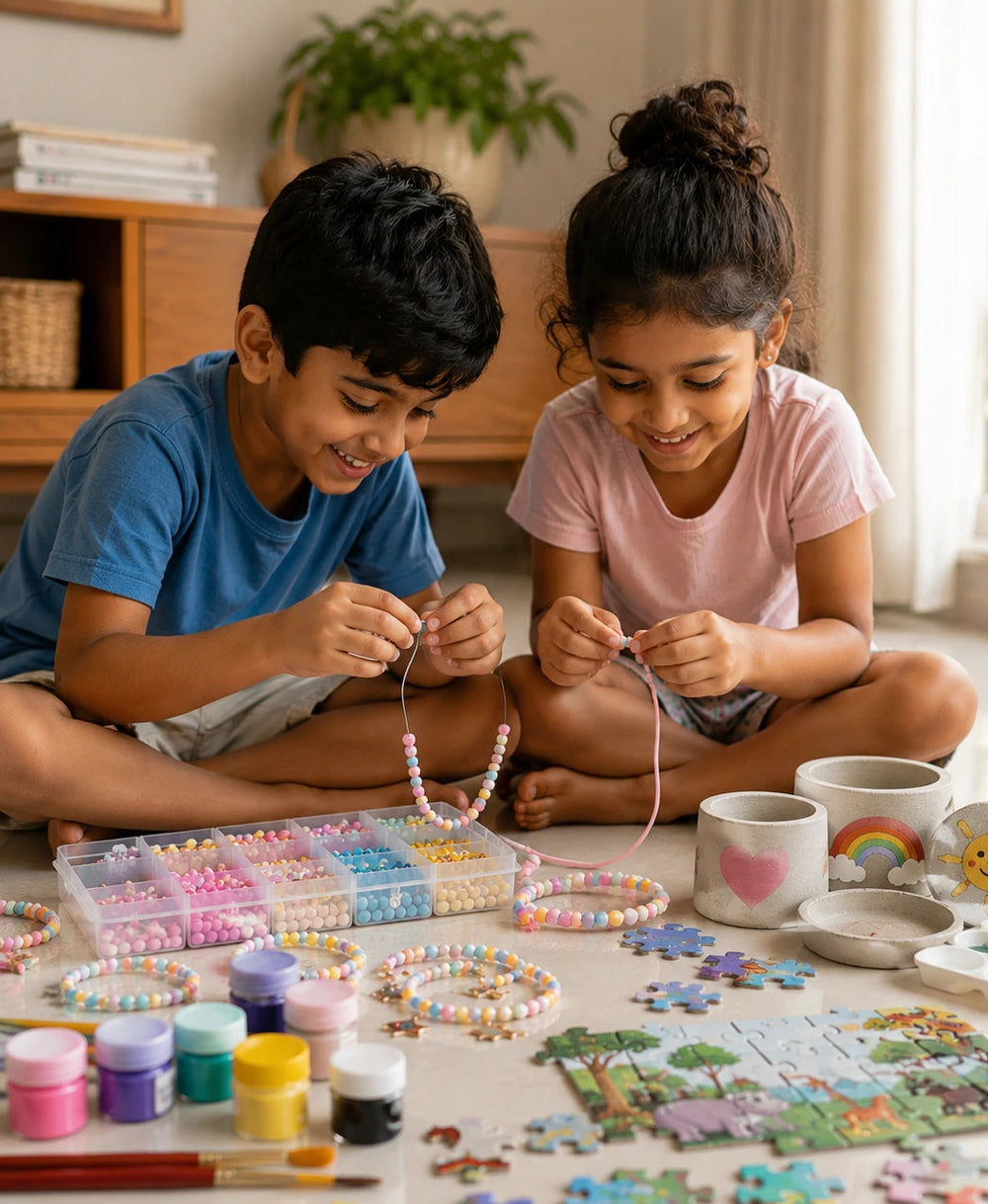 Two children, a boy and a girl sitting on the floor together, smiling and making beaded necklaces and bracelets in a brightly lit room. Craft supplies including paint pots, beads, and mugs are spread out on the floor.