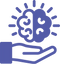 A stylized blue icon showing a glowing brain above an open hand, on a plain white background.
