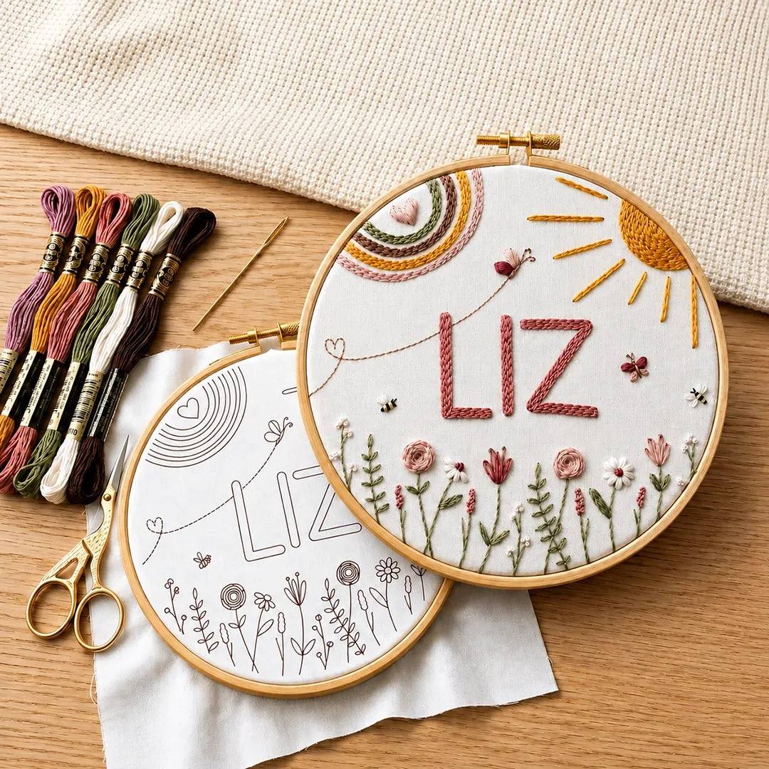 Embroidery hoops with 'LIZ' (custom name) and floral designs on a wooden surface with embroidery threads and scissors.