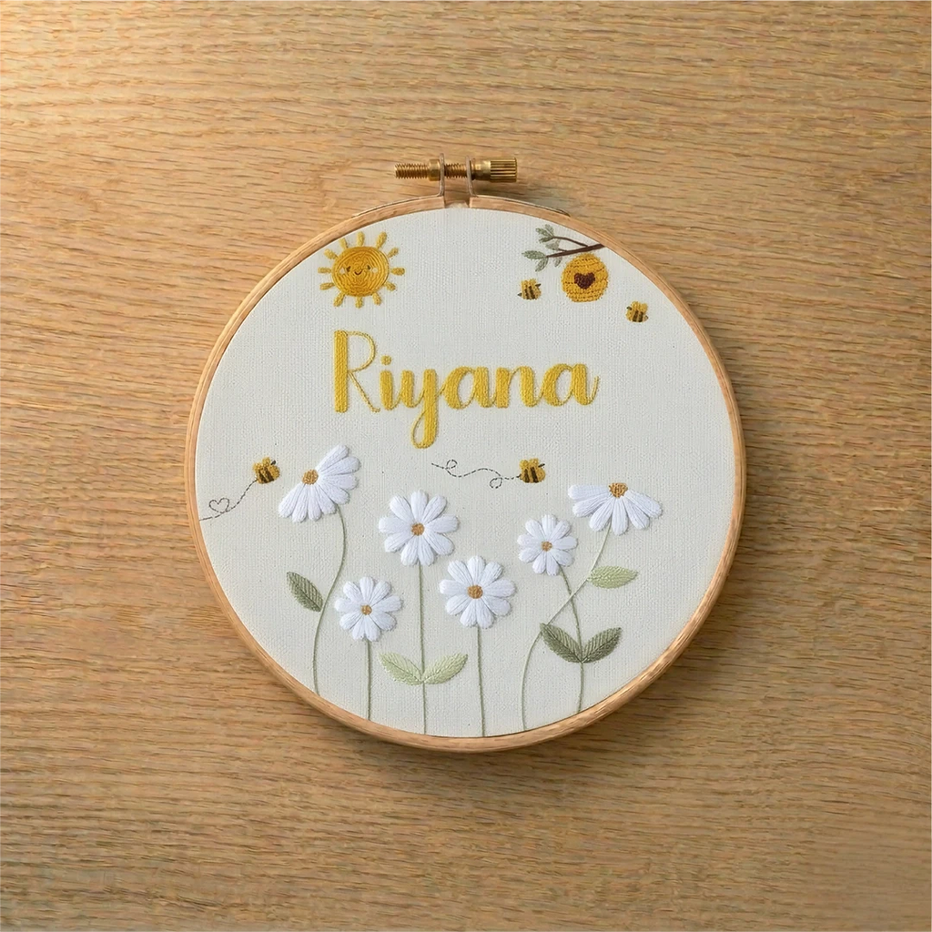 Embroidery hoop with floral design and 'Riyana' text(custom name) on a wooden surface