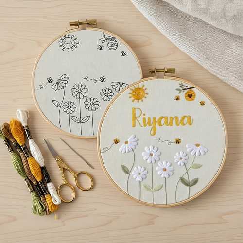 Two embroidery hoops with floral patterns and 'Riyana' text (custom name)on a wooden surface.