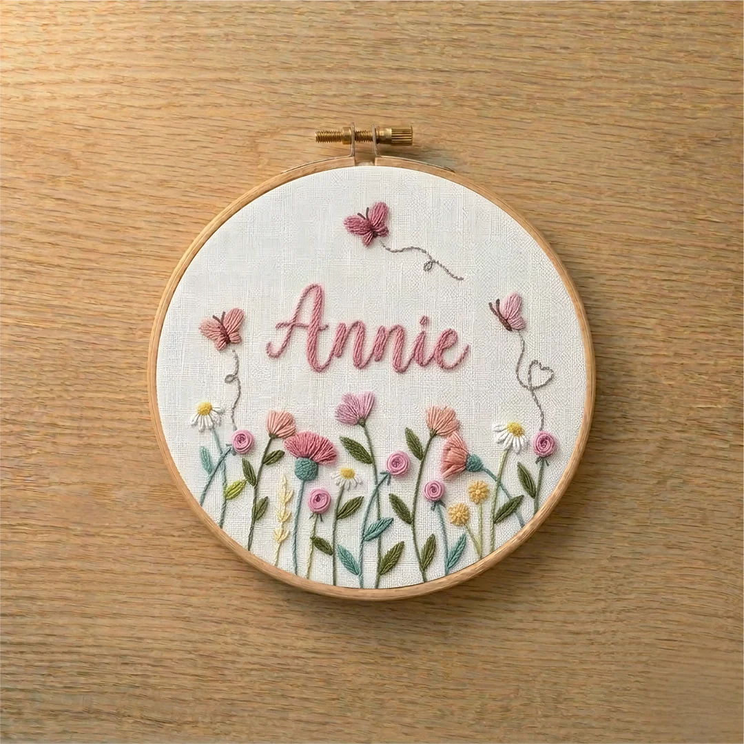 Embroidery hoop with floral design and embroidered name 'Annie'(custom name) on a wooden surface