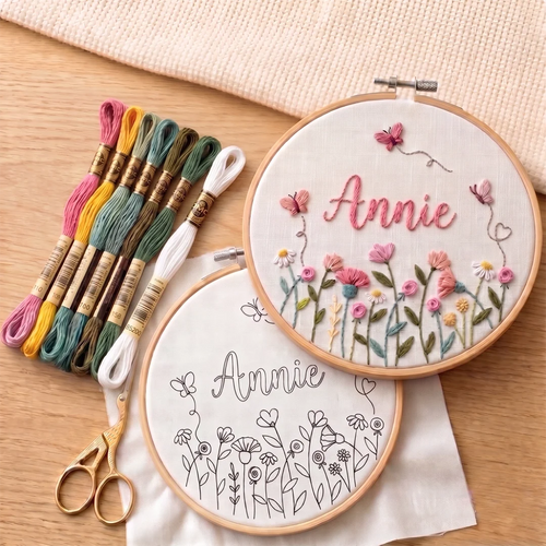 Embroidery hoop with floral design and 'Annie' text(custom name), surrounded by embroidery threads and scissors on a wooden surface.
