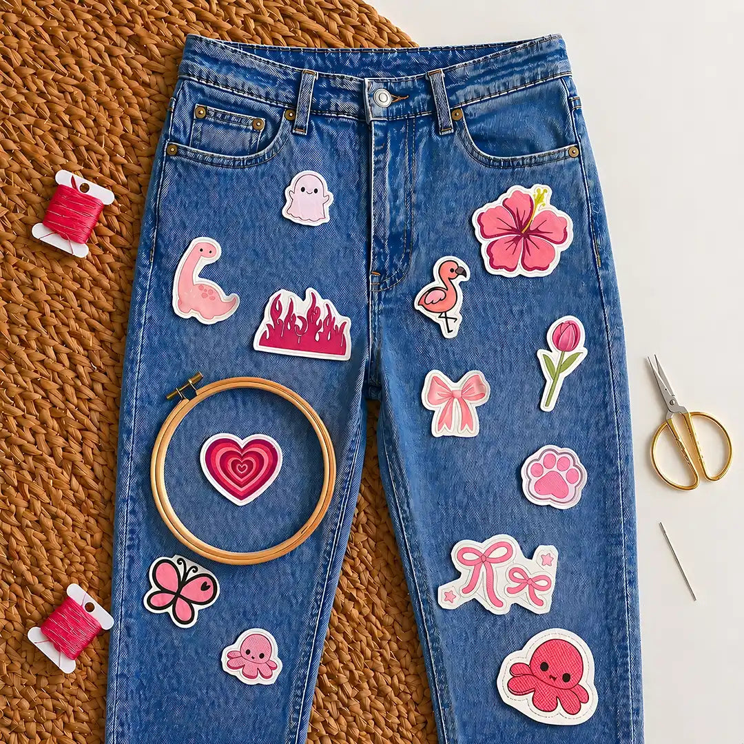 Blue jeans with pink cute aesthetic stitch and stitch stickers on a textured surface with embroidery tools.