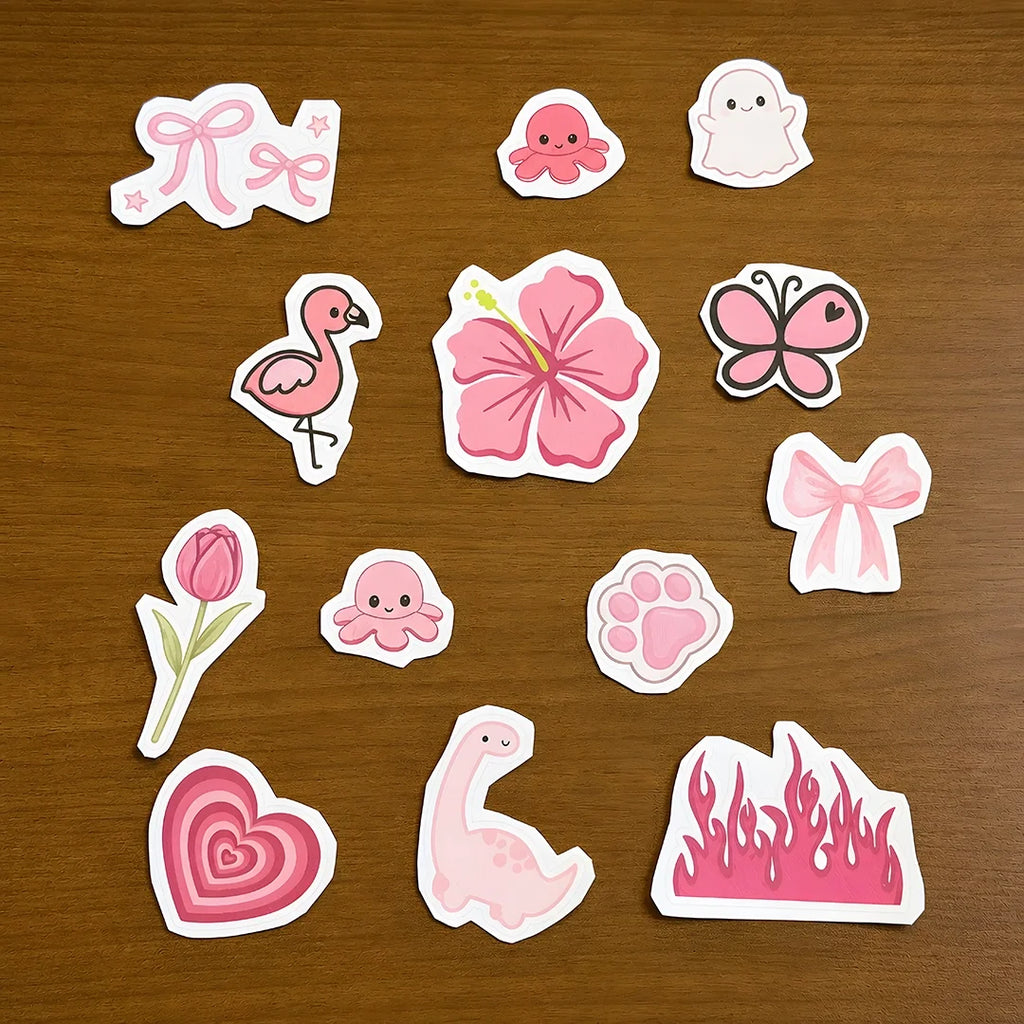 Collection of pink and white cute aesthetic stitch and stitch stickers on a wooden surface
