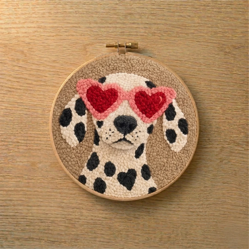 Embroidery hoop with a dalmatian dog wearing heart-shaped sunglasses on a wooden surface