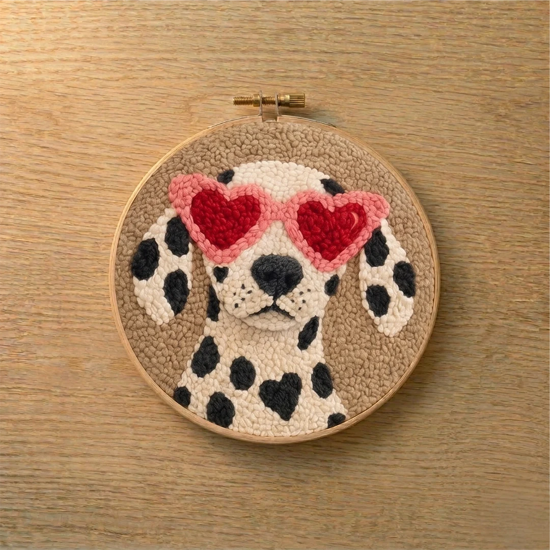 Embroidery hoop with a dalmatian dog wearing heart-shaped sunglasses on a wooden surface