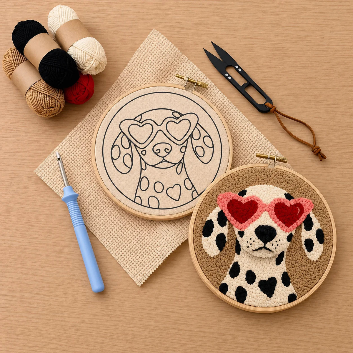 Embroidery hoop with dalmatian design, punch needle,thread cutter  and yarns on a wooden surface