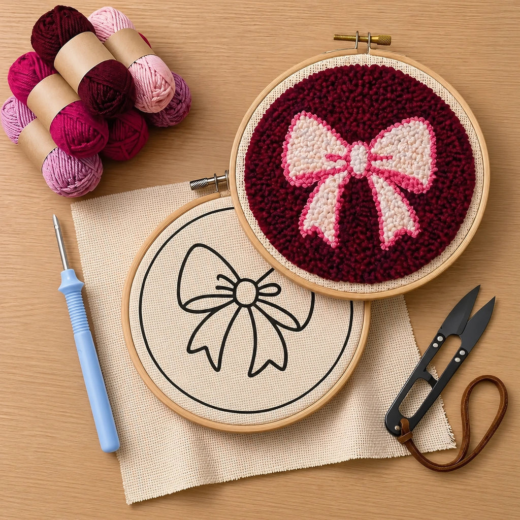 Embroidery hoop with a completed punch needle pink and white bow design, surrounded by yarn balls, a pen, and scissors on a wooden surface.