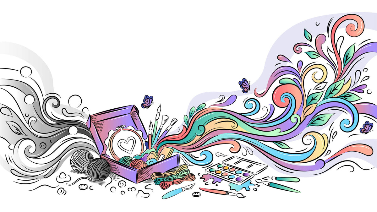 Illustrated craft-themed banner showing an open DIY craft kit box with an embroidery hoop, colorful embroidery threads, yarn, paintbrushes, watercolor palette, and craft tools. Black-and-white swirls on the left transition into vibrant flowing ribbons, leaves, butterflies, and decorative flourishes on the right, symbolizing creativity, imagination, and artistic expression on a clean white background.