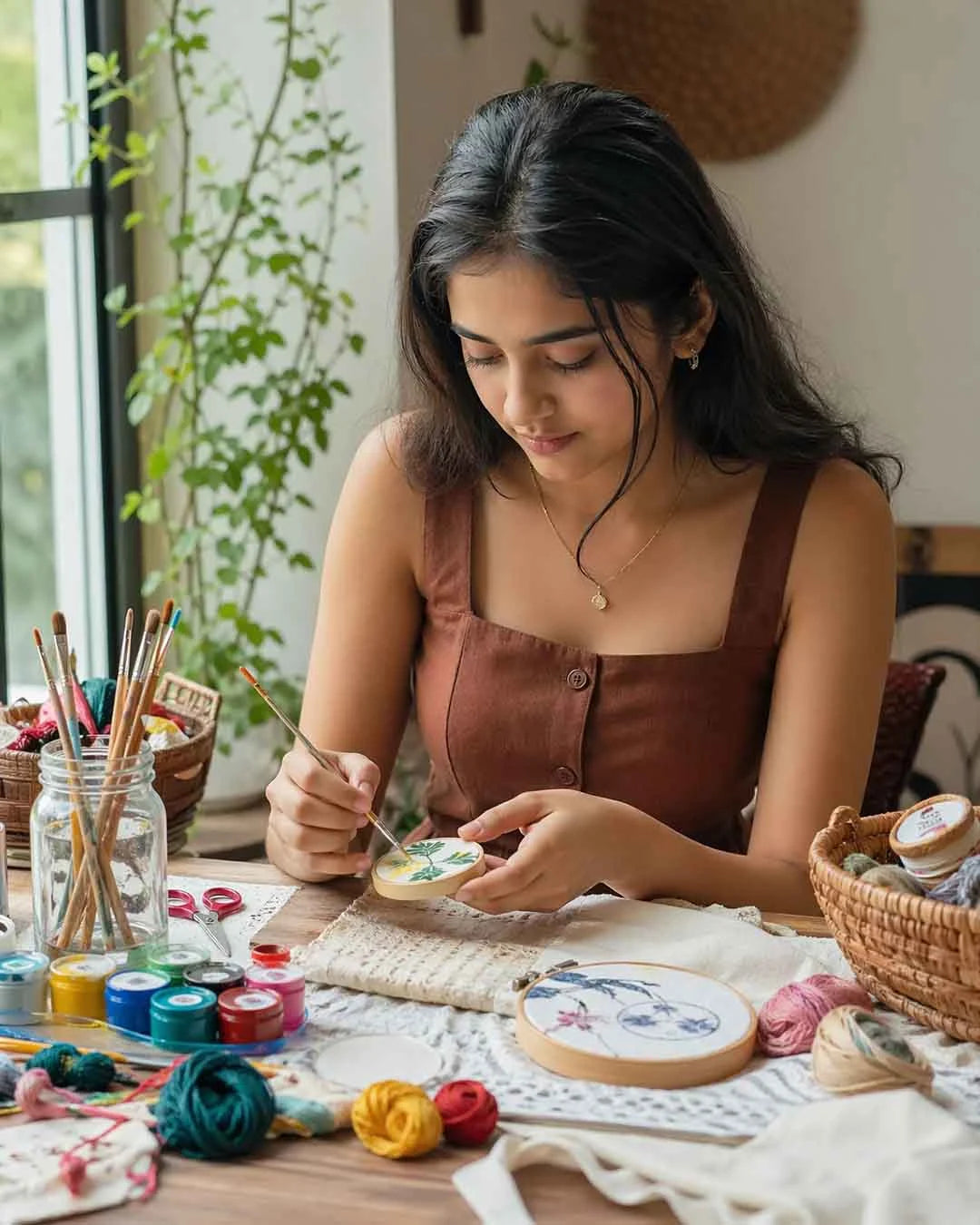 Teenage girl painting a concrete shape  with paint brush and various art supplies on a table.