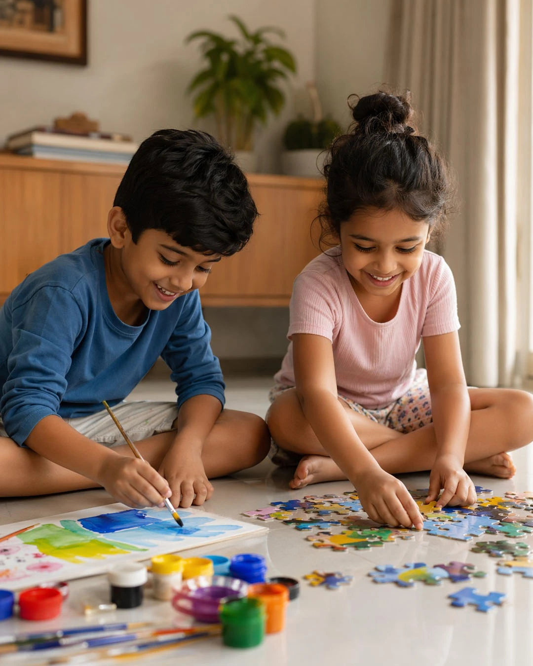 Two children, a boy and a girl, sitting on the floor with art supplies and a puzzle.