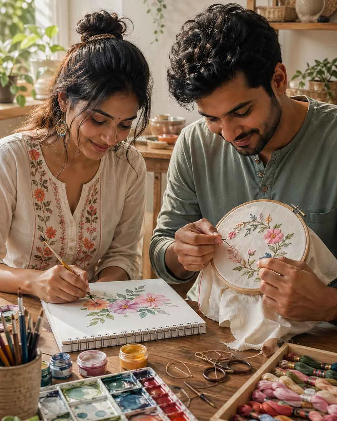 A couple engaged in art activities, one painting and the other working on embroidery, in a cozy indoor setting.