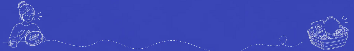 A wide blue banner with thin white line-art illustrations: a woman holding a bowl on the left and a basket with fruit on the right, connected by a dotted wavy line across the bottom.