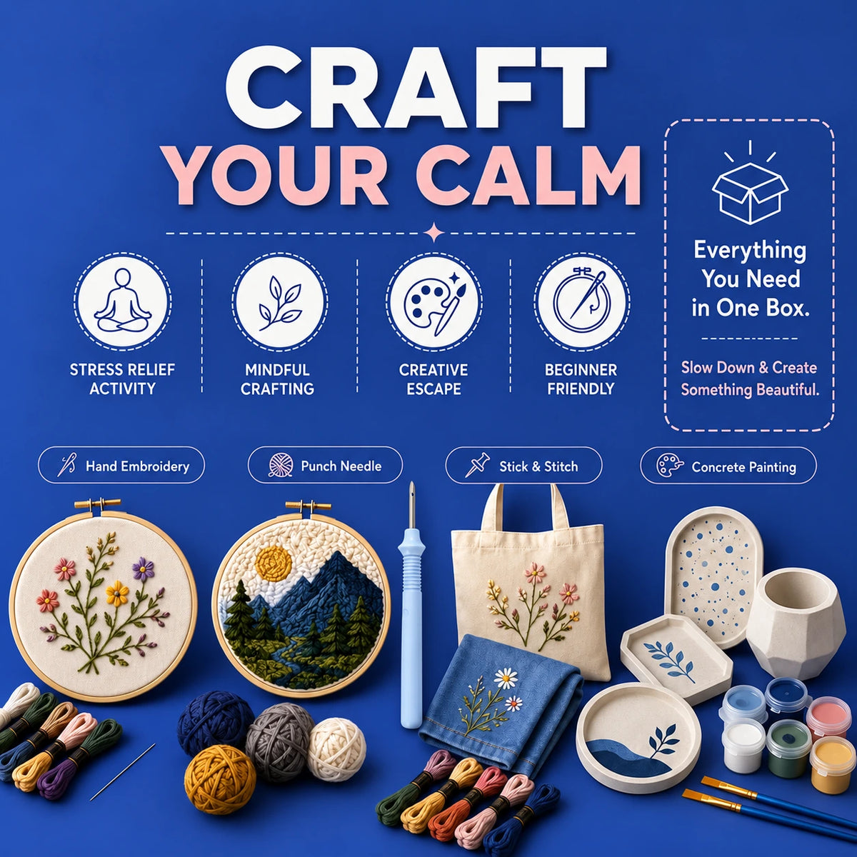 A promotional collage for a calm craft kit on a blue background. Large text reads 'CRAFT YOUR CALM' with icons for stress relief activity, mindful crafting, creative escape, and beginner friendly.