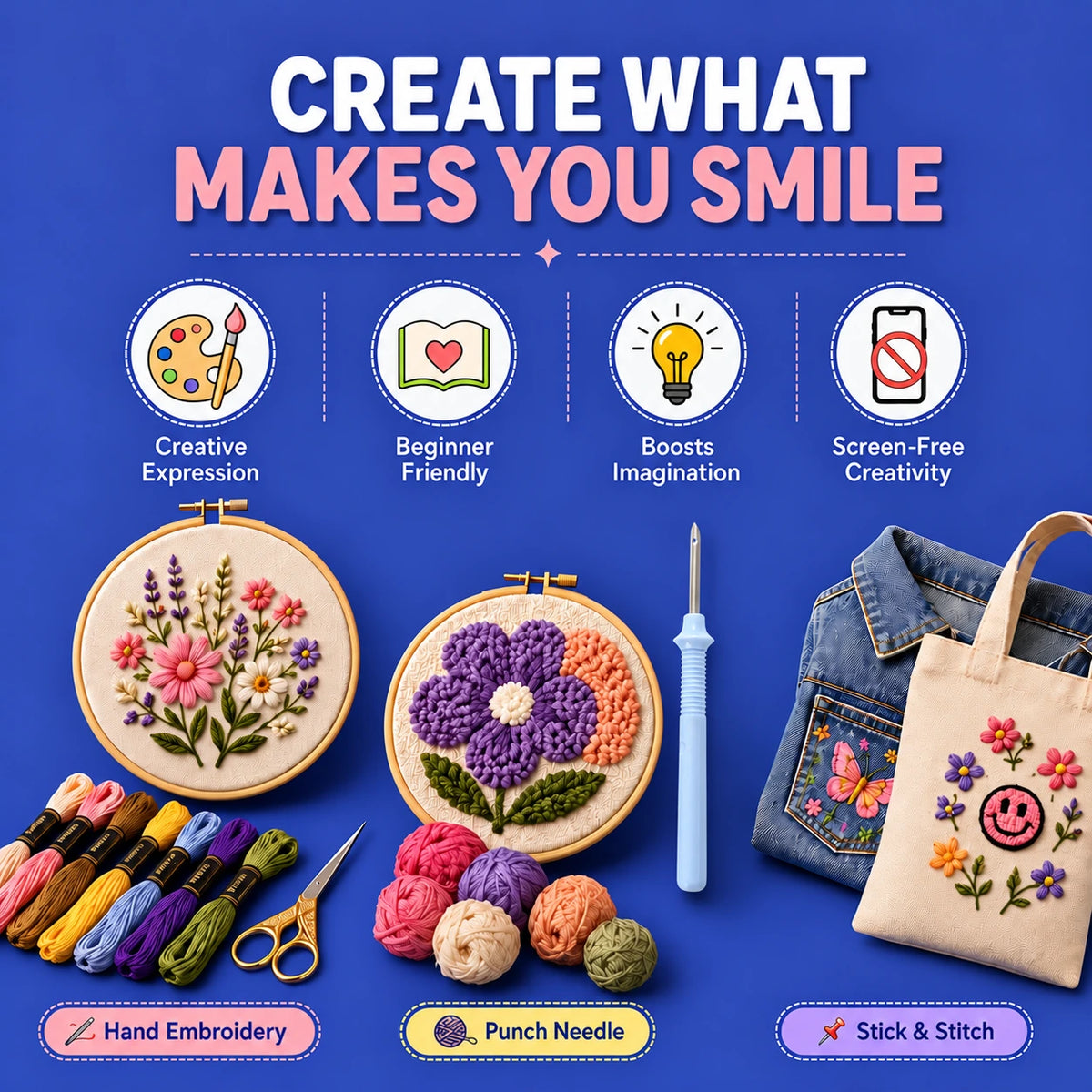 Promotional image for creative activities with text 'Create What Makes You Smile' on a blue background with hand embroidery, punch needle and stick and stitch embroidery kits.