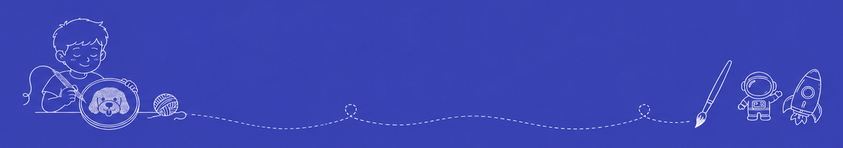 A wide blue banner with simple white line drawings of children, a ball, a string, a pencil, and small space-themed icons including an astronaut and a rocket.