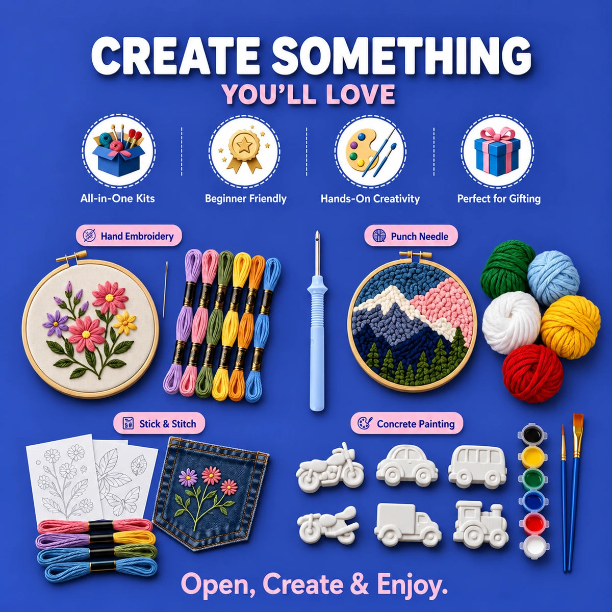 A promotional collage for a craft kit showing the text 'CREATE SOMETHING YOU'LL LOVE' on a blue background, with labeled icons and items including embroidery hoops, multicolored thread skeins, a punch needle pen, yarn balls, stick & stitch sticker pieces, concrete painting tools, and shapes.