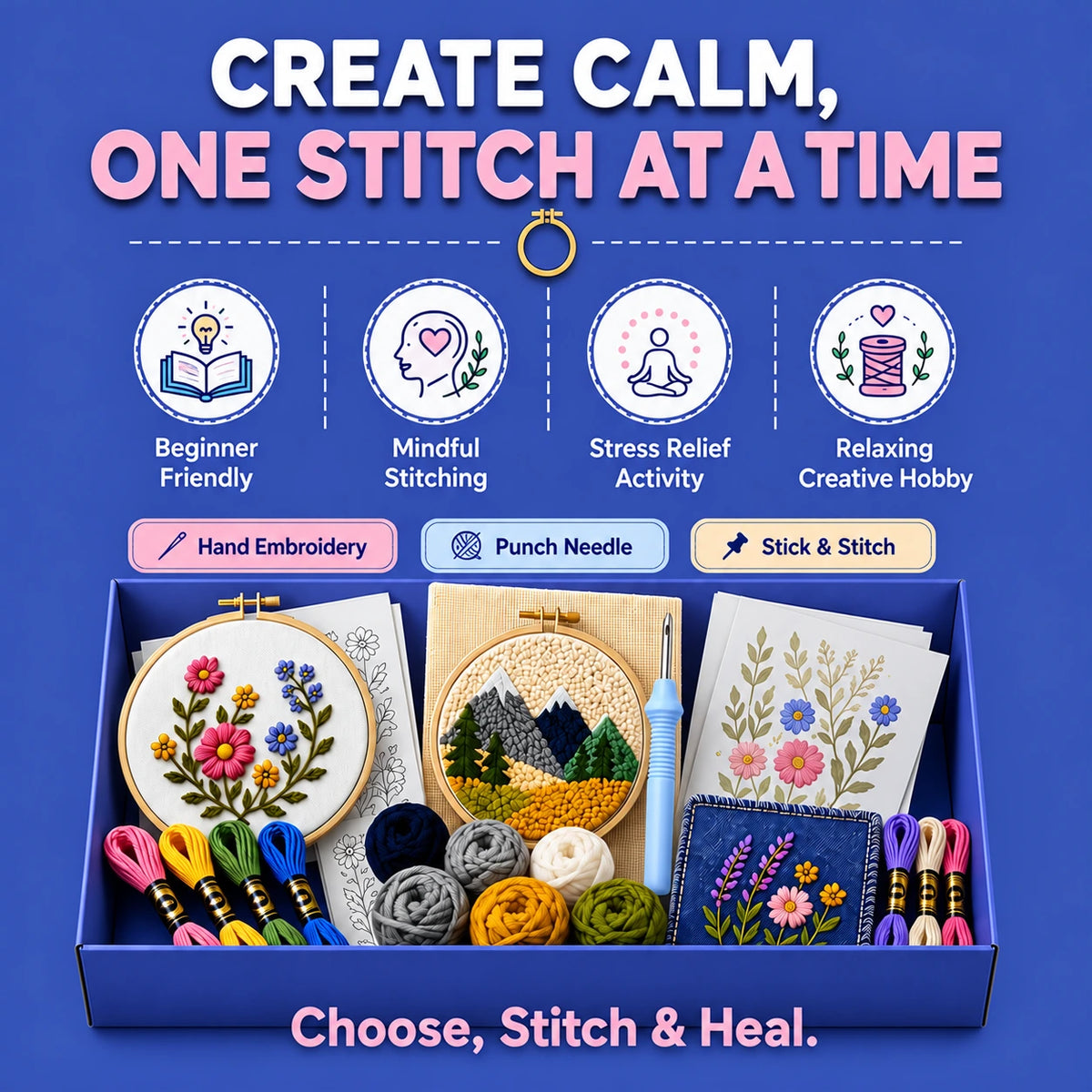 A boxed embroidery kit displayed on a blue background with promotional text. The set includes floral embroidered samples in hoops, thread spools, a punch needle panel, stick and stitch stickers, and other craft supplies.