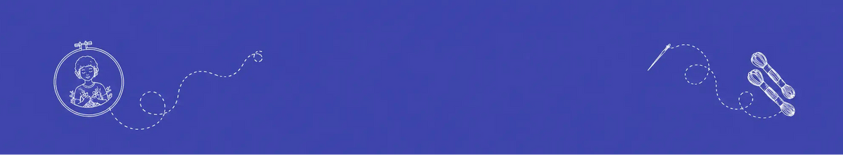 A wide, horizontally oriented graphic on a solid blue background featuring two small white line-art illustrations: a circular clock-like emblem with a figure on the left and a stylized tool or bundle on the right, connected by dotted lines