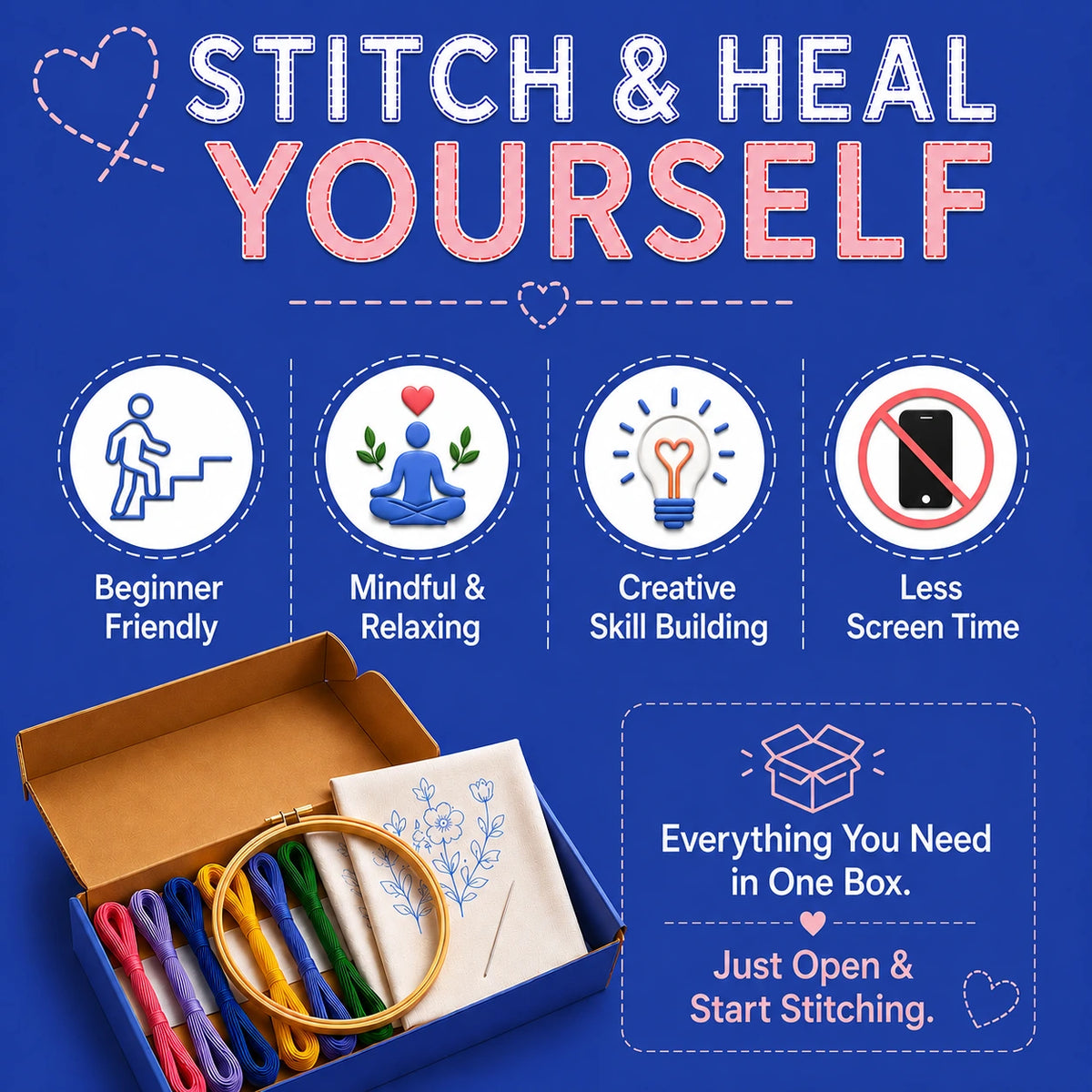Promotional graphic for a sewing kit titled 'STITCH & HEAL YOURSELF' on a blue background. It shows an open box containing thread spools, a hoop, and a fabric sample, with four feature icons: beginner friendly, mindful and relaxing, creative skill building, and less screen time.