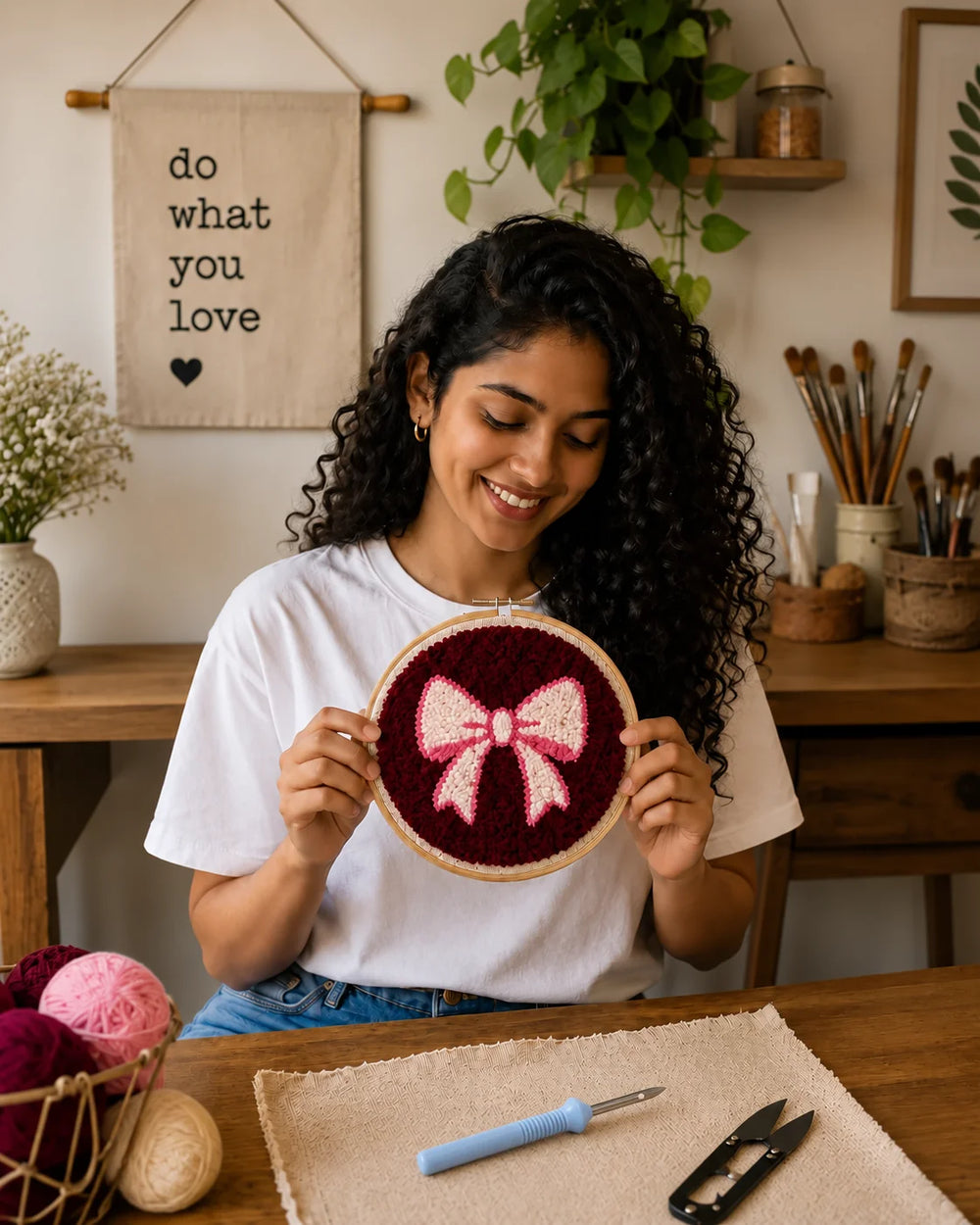 Woman holding a embroidered hoop with a pink bow punch needle design in a home setting.