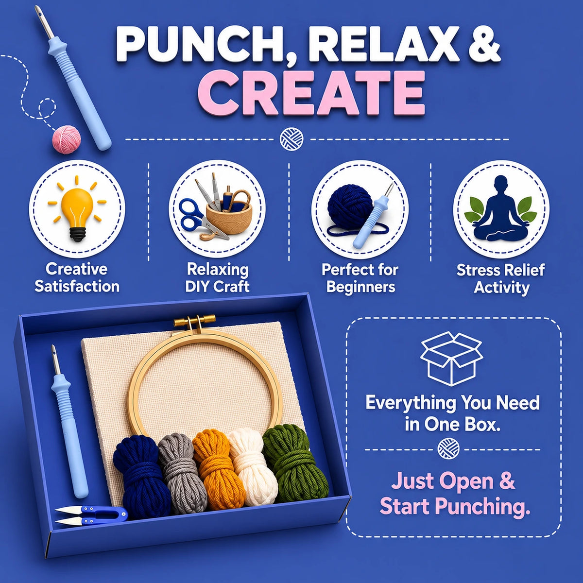 Punch, relax & create kit with punch tool, yarn, and embroidery hoop on a blue background.