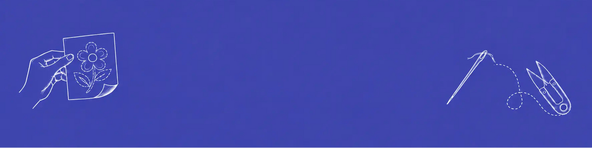 A blue graphic banner featuring white line-art illustrations of a hand holding a flower card on the left and a sewing machine on the right.