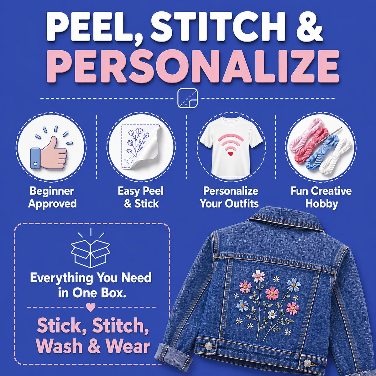 Promotional graphic for an embroidery kit with a denim jacket featuring floral designs on a blue background.