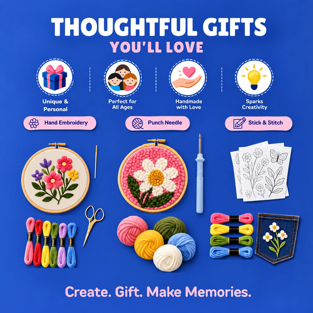 A promotional graphic for a needlework gift set on a bright blue background. The set includes embroidery hoops with floral designs, scissors, colorful thread skeins, punch needles, a blue needle tool, and stick and stitch stickers in  flower designs.