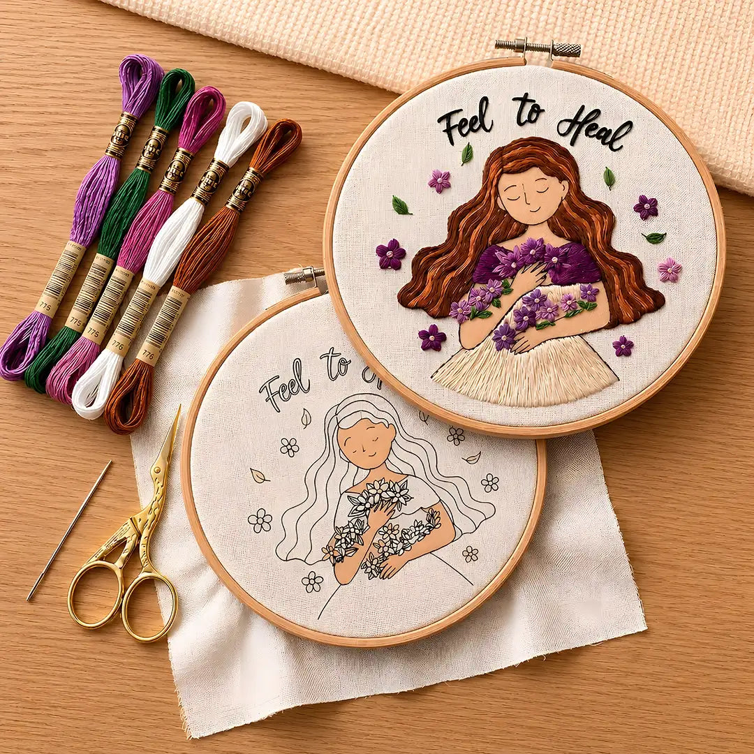 Embroidery hoops with floral designs and text 'Feel to Heal' on a wooden surface.