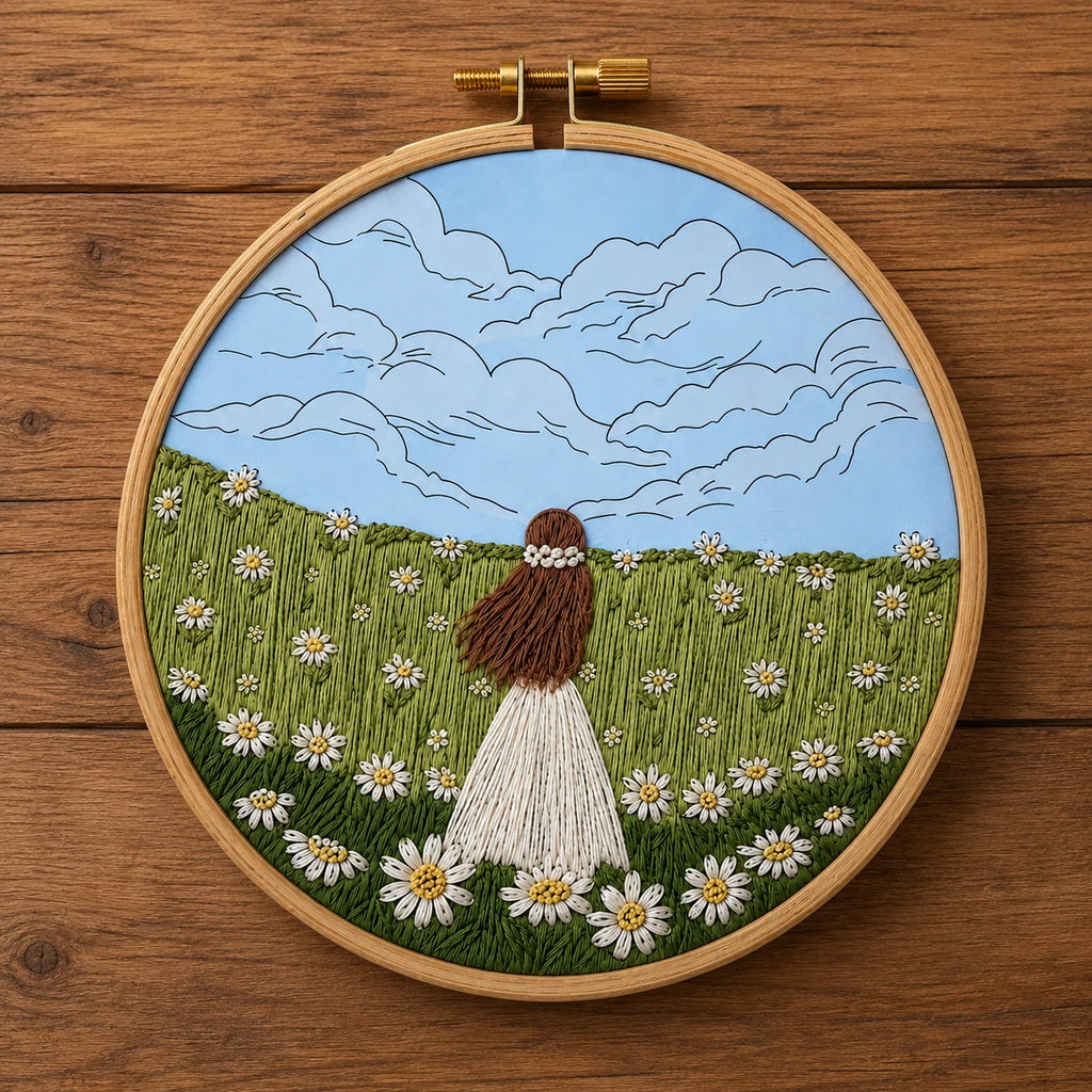 A circular wooden embroidery hoop displayed on a rustic wooden surface, showcasing a completed embroidery of a girl in a white dress standing in a daisy field under a blue sky with clouds.