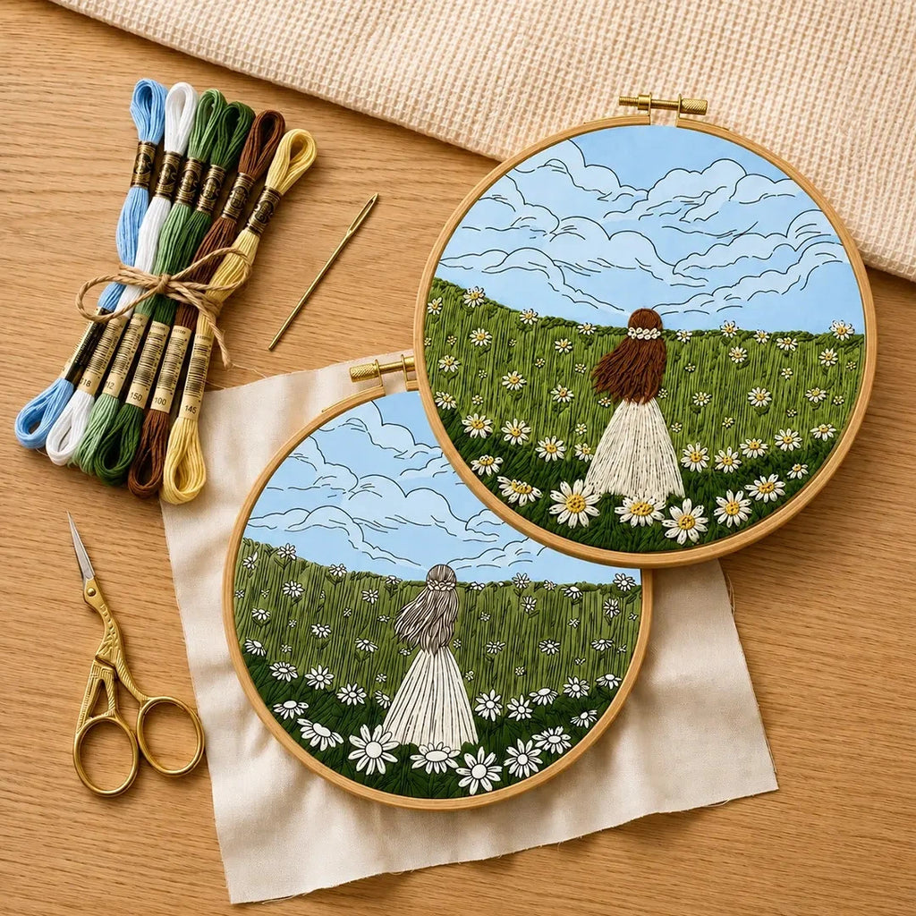 Two wooden embroidery hoop displayed on a rustic wooden surface, showcasing a completed embroidery of a girl in a white dress standing in a daisy field under a blue sky with clouds and other hoop with un-stitched design and threads ,needle, scissors on the wooden surface 