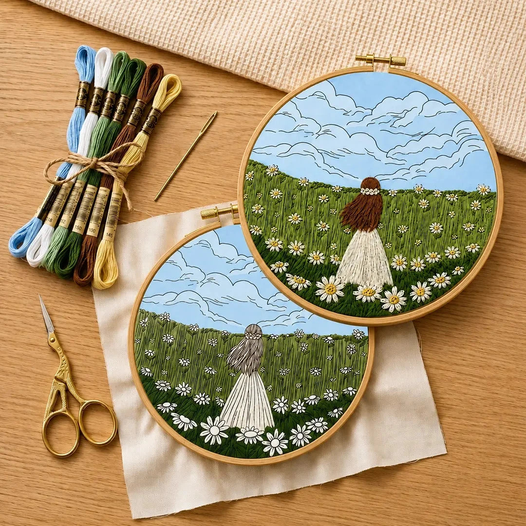 Two wooden embroidery hoop displayed on a rustic wooden surface, showcasing a completed embroidery of a girl in a white dress standing in a daisy field under a blue sky with clouds and other hoop with un-stitched design and threads ,needle, scissors on the wooden surface 