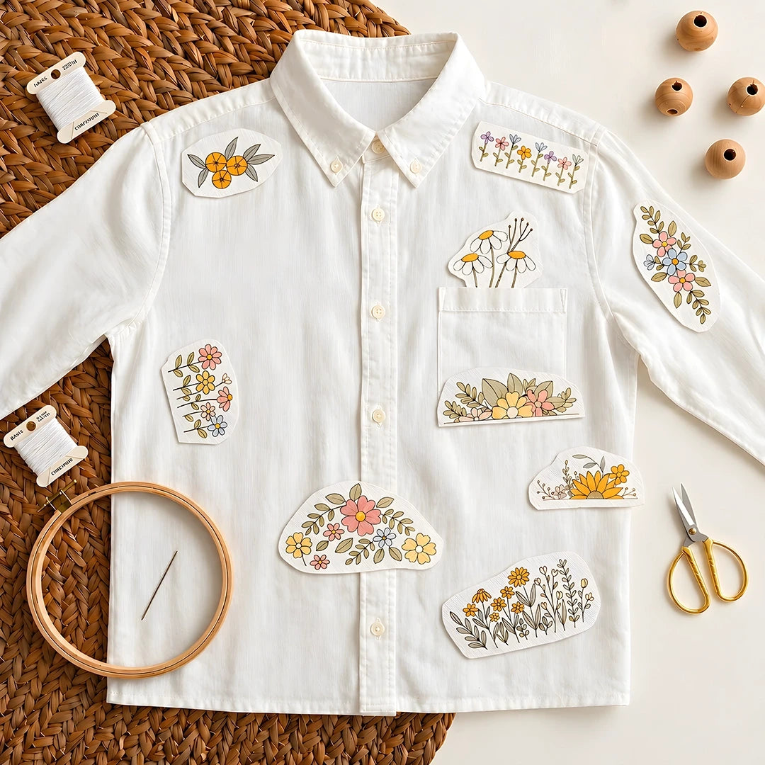 White shirt with floral stitch and stitch stickers with embroidery tools on textured surface