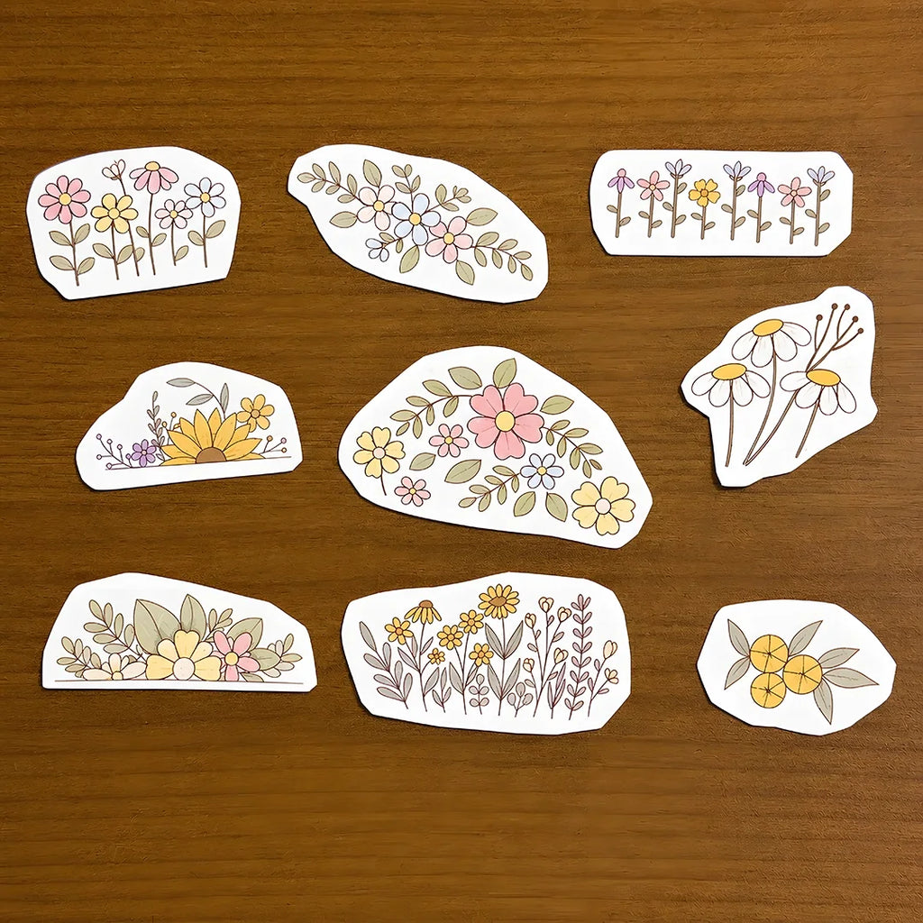 Floral stitch and stitch stickers on wooden surface