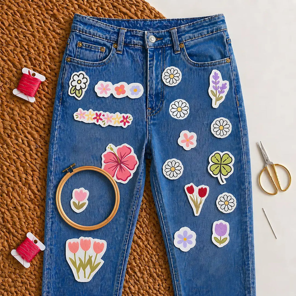 Blue jeans with flower-themed stitch and stitch stickers on blue jean on textured surface with embroidery tools like hoop, needle, threads and scissors 