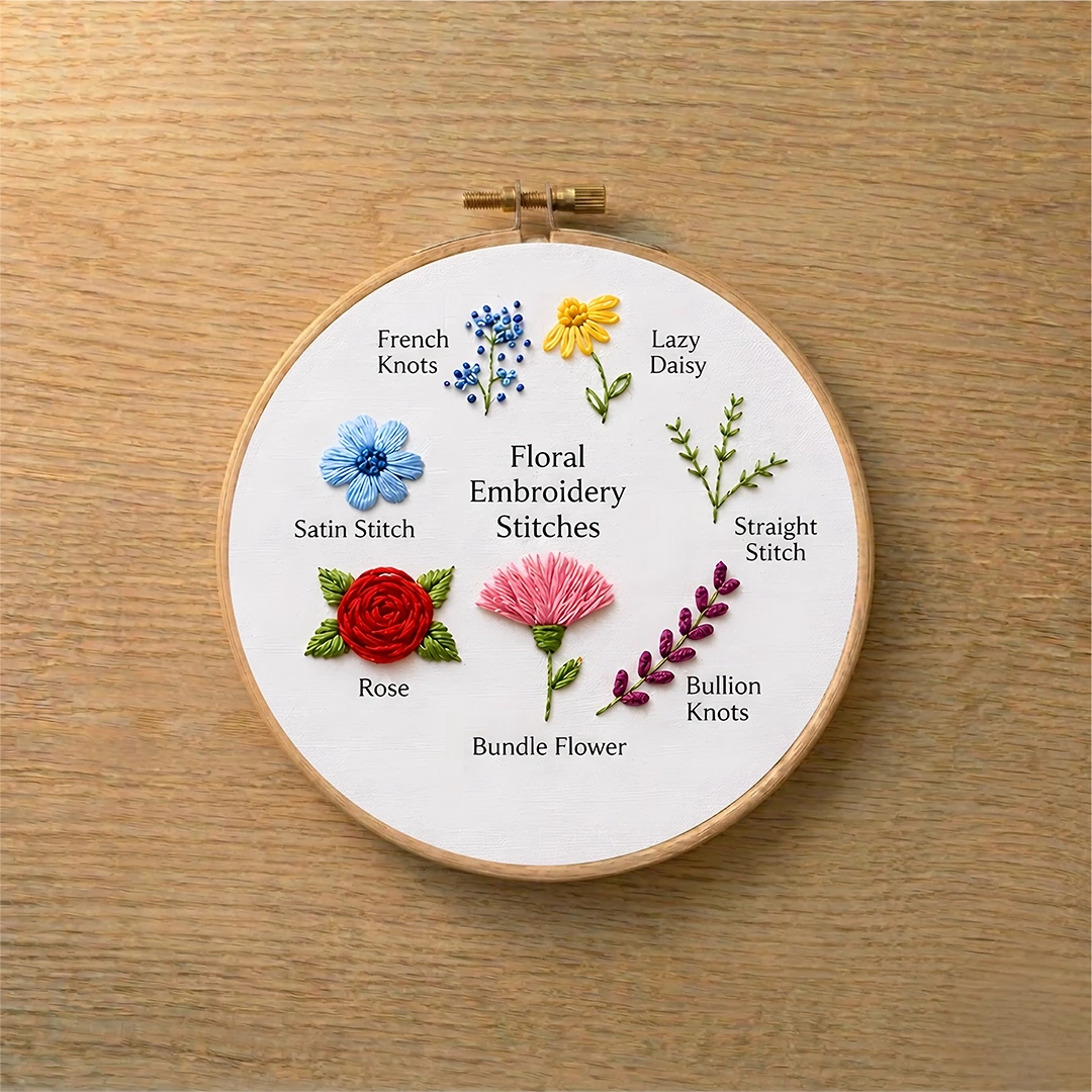 Embroidery hoop with floral embroidery stitches on a wooden surface