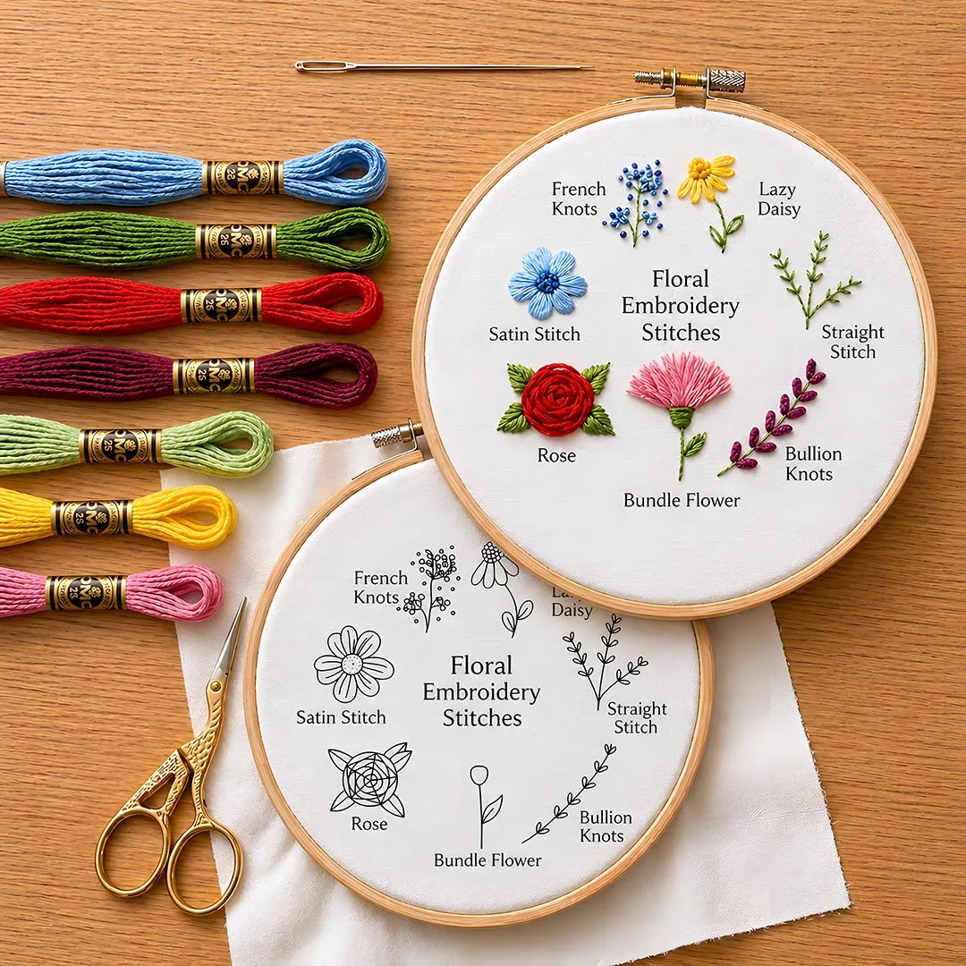 Embroidery hoop with floral stitches and embroidery threads on a wooden surface